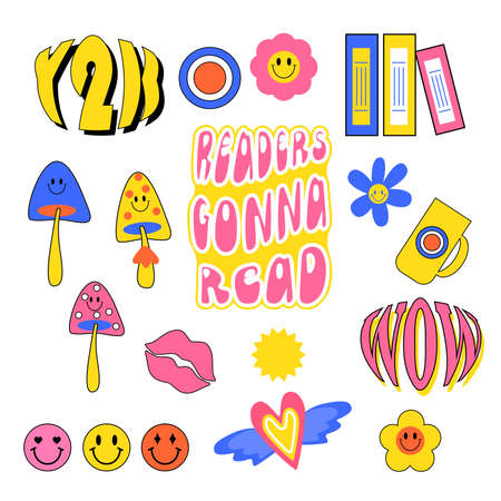 retro sticker set. Y2k trendy hipster vector design. Fun groovy retro clipart elements.のイラスト素材
