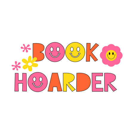 Books hoarder Hippie phrase, hand drawn hippy quote. Motivational card or banner with seventies retro quote style. vector illustration.のイラスト素材