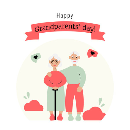 Happy Grandparents Day Greeting Card. Elderly couple embracing with love. Vector Illustration for card, postcard, poster, banner.のイラスト素材