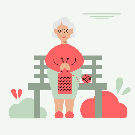 Elderly woman knitting on a park bench. Knitting concept. vector flat illustrationのイラスト素材