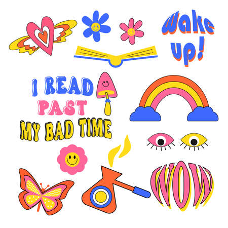 Set of icons and stickers. Trendy hipster stickers cartoon comic label patches. vector illustrationのイラスト素材