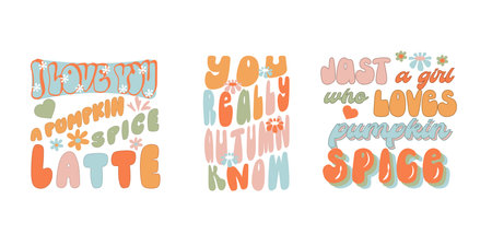 Retro vintage autumn quotes in 70s-80s style. Colorful collection. vector illustration.のイラスト素材