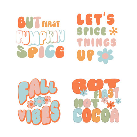 Hippie retro vintage quotes in 70s-80s style. Flat autumn collection. vector illustration.のイラスト素材