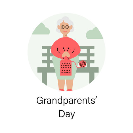 Elderly woman knitting on a bench. Happy Grandparents Day Greeting Card. vector illustrationのイラスト素材
