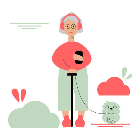 Grandma on a walk listening to music on her headphones. Walking with the dog in the park. Concept vector illustration, flat design.のイラスト素材