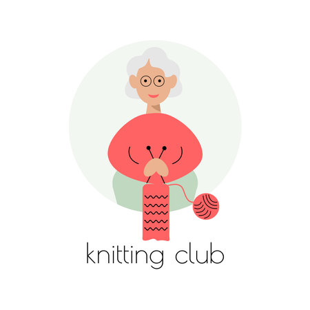 Knitting Club logo. Happy grandmother hoding knitting needles. Illustration for themed clubs, magazine articles. vectorのイラスト素材