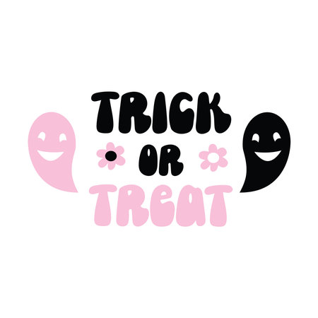 Treak or Treat Halloween quote pink and black colors with cute ghost. Groovy style. Baby shower, arrival party celebrationのイラスト素材