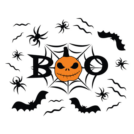 Boo text Jack o'lantern in web bakcground with bat, spider. Stock vector illustration isolated on white background.のイラスト素材
