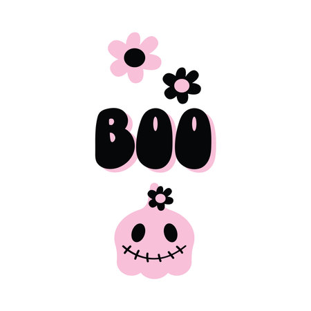 Boo cute halloween typography poster. Pink and black colors with sweet pumpkin. Baby shower, arrival party celebrationのイラスト素材