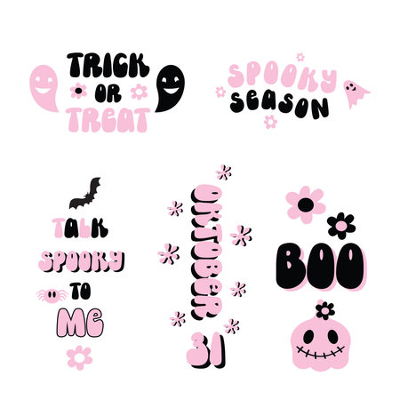 Halloween retro typography groovy collection. Pink and black colors with cute ghost. Baby shower, arrival party celebrationのイラスト素材