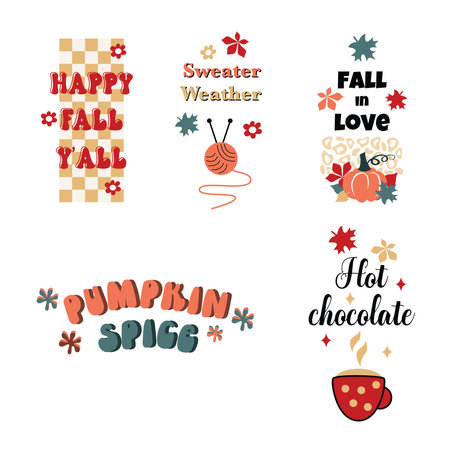 Fall motivational groovy inscriptions' collection. Autumn vector quotes, color poster. Pumpkin Spice Season. welcome fall.のイラスト素材