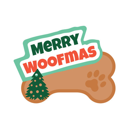 Merry Woofmas, celebration humoring quote. Holiday Christmas badge vector flat illustration. Element for tshirt print, poster, greeting card, banner, and gift design.のイラスト素材