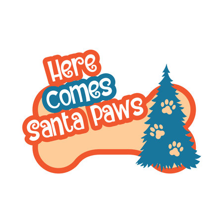 He comes Santa Paws, celebration humoring quote. Holiday Christmas badge vector flat illustration. Perfect Poster, banner, greeting card.のイラスト素材