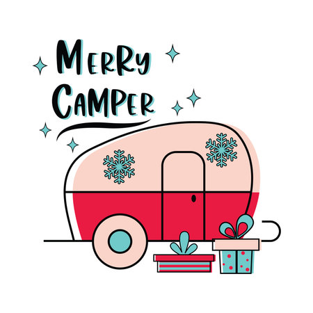 Christmas camper with christmas tree. Cute vintage vector illustration. Travel trailer in Winter bunner. Christmas element for posters, card.のイラスト素材