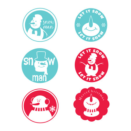 Snowman round signs set. Christmas typography lettering badge emblem. Vector logo design for postcard, invitation, greeting card, poster, gift.のイラスト素材