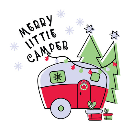 Christmas camper with christmas tree. Cute vintage vector illustration. Travel trailer in Winter bunner. Christmas element for posters, card.のイラスト素材