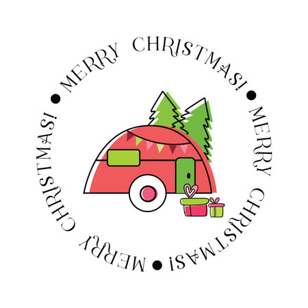 Christmas camper with christmas tree. Cute vintage vector illustration. Travel trailer in Winter bunner. Christmas element for posters, card.のイラスト素材