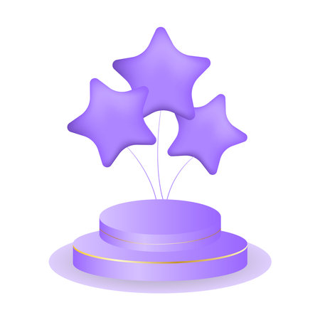 Three star-shaped inflatable balloons with 3d rendered lilac podium. Elements on white background for show kid products. vectorのイラスト素材