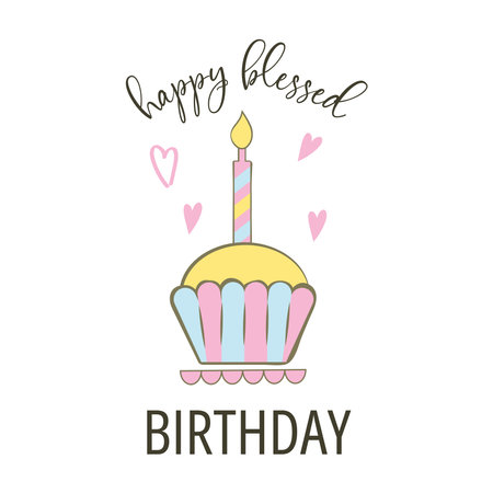 Happy blessed birthday happy birthday badge. Greeting lettering, cake and candle. Birthday greeting card decoration design, vector illustration. Greeting celebrate label, party celebration logo.のイラスト素材