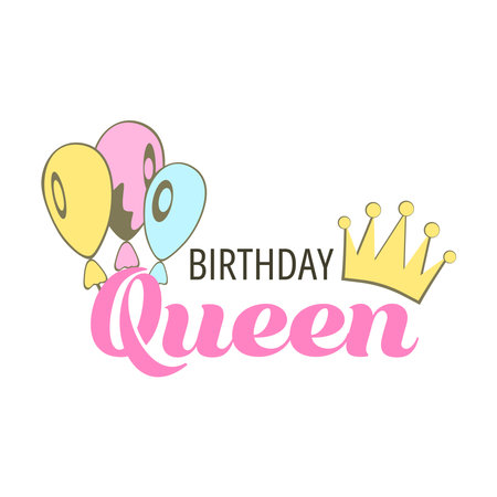 Birthday Queen happy birthday badge. Greeting lettering, balloons and crown. Birthday greeting card decoration design, vector illustration. Greeting celebrate label, party celebration logo.のイラスト素材