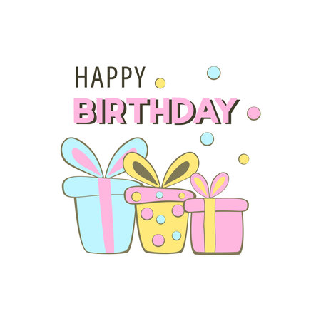 Happy Birthday- birthday badge. Greeting lettering with gift boxes. Birthday greeting card decoration design, vector illustration. Greeting celebrate label, party celebration logo.のイラスト素材