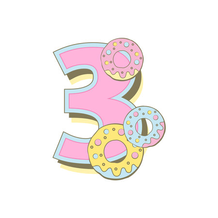 Number three with donuts, baby month cards. Monthly milestone. Birthday Party Invitation, card, badge. vectorのイラスト素材