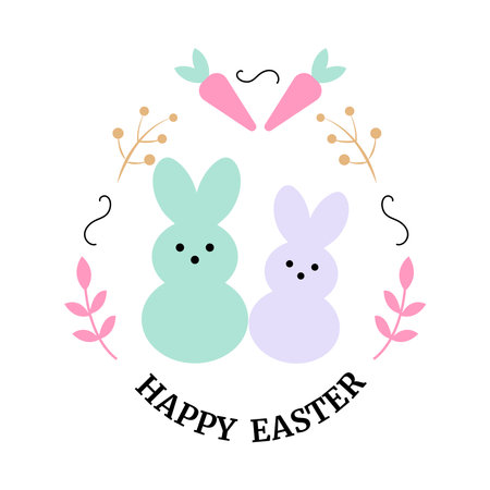 Happy Easter celrbration quote with bunnys. Pastel colors, flat design. Vectorのイラスト素材