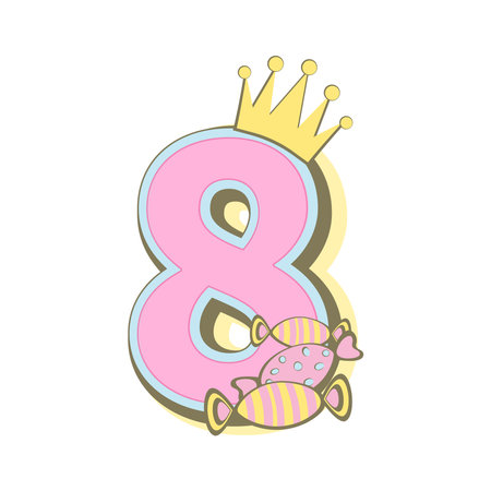 Number eight with crown, candy, baby month cards. Monthly milestone. Birthday Party Invitation Card Templateのイラスト素材