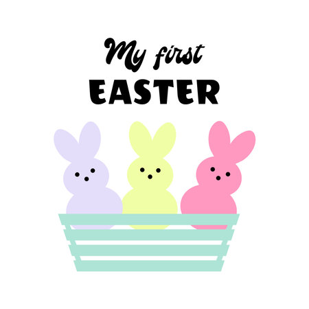 My first Easter, cute bunnies in a flowerpot. Pastel colors, flat design. Holiday symbols for children. vectorのイラスト素材