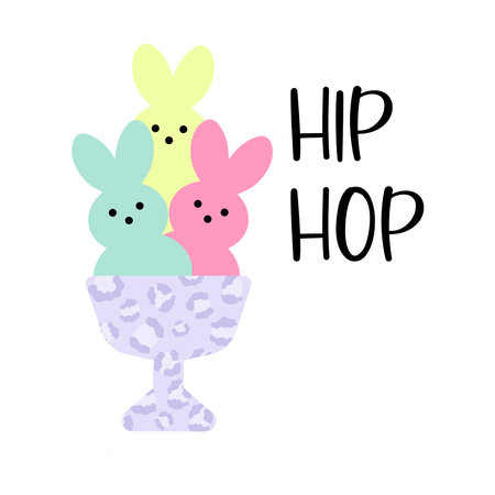Three cute bunnies with the inscription Hip Hop. Pastel colors, flat design. Holiday symbols for children. Vectorのイラスト素材
