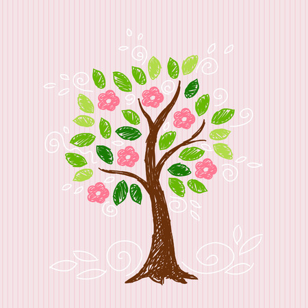 Vector tree with pink flower and decoration on line backgroundのイラスト素材