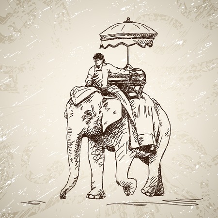 Elephant with man and umbrella Hand drawn illustrationのイラスト素材