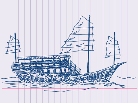 Chinese sailing ship Hand drawnのイラスト素材