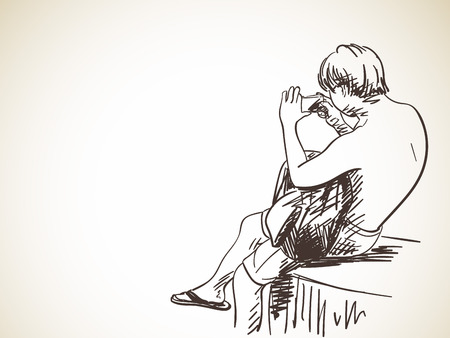 Sketch of man using smart phone sitting on bench, Hand drawn vector illustrationのイラスト素材