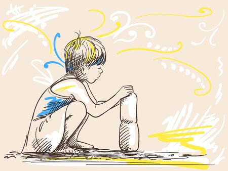 Sketch of girl playing with bottle, Hand drawn vector illustrationのイラスト素材