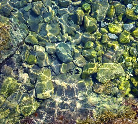 Green rounded stone bottom seen through clear water in seaの写真素材