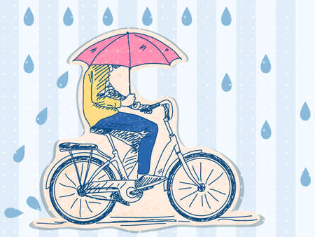 Sketch of bicyclist with umbrella under rain, Hand drawn Vector illustrationのイラスト素材