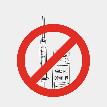 Syringe and Vaccine Covid-19 ampoule under red forbidden sign, No vaccination sign, Vax refusal red circle, Rejecting preventive coronavirus. Vector illustration hand drawn black and white graphicsのイラスト素材
