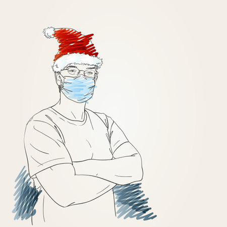 Christmas and Coronavirus people new normal. Man with arms crossed over his chest wearing medical face mask, santa hat and eyeglasses, looking straight, Hand drawn vector sketchのイラスト素材
