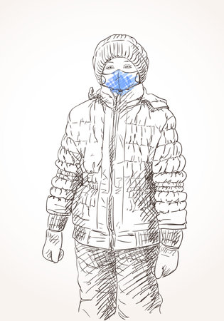 Preteen girl in face mask for coronavirus prevention standing in winter clothes dawn jacket and hat, Covid-19 pandemic quarantine people Hand drawn illustration, Vector sketchのイラスト素材