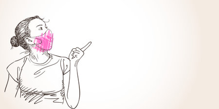Teenage girl in pink face mask for coronavirus prevention pointing finger, Covid-19 pandemic quarantine Hand drawn illustration, Vector sketch banner templateのイラスト素材