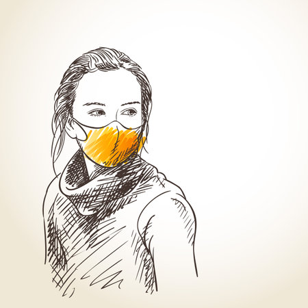 Sketch of teenage girl portrait in orange face mask for Coronavirus protection. Thoughtfully looking to side, Vector hand drawn illustrationのイラスト素材