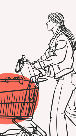 Woman with supermarket cart walking after shopping, Vector sketch, Hand drawn vertical illustrationのイラスト素材