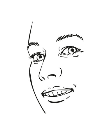 Face of happy smiling woman vector sketch, Hand drawn illustration isolated black and whiteのイラスト素材