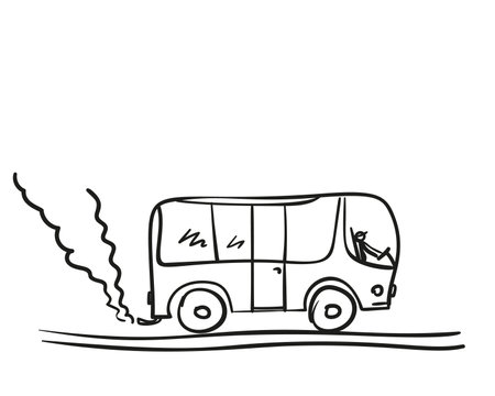 Bus vector doodle, Public transport with cloud of smoke hand drawn illustration, City traffic air pollutionのイラスト素材