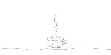 Coffee cup on saucer Continuous one line drawing, Hot drink with steam Vector minimalist linear illustration made of thin single line, Design element for cafe menuのイラスト素材