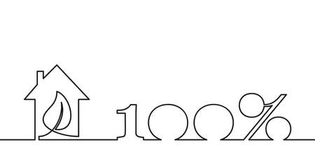 Continuous one line drawing leaf inside house and 100% sign, Green energy home, ecological city symbol. Minimalist contour vector illustration made of single thin line black and whiteのイラスト素材