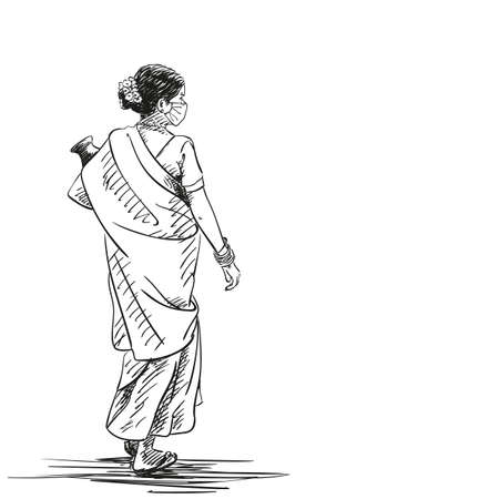 Indian woman in medical face mask, in sari, with flowers in hair, walking and carrying jug, pandemic people sketch. Hand drawn illustration isolated white backgroundのイラスト素材
