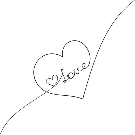 Continuous one line drawing of small heart and word Love inside big heart, Diagonal thin line with heart shape in the middle. Hand drawn vector minimalist illustration of love relationship conceptのイラスト素材