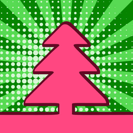 Pop art style continuous line drawing of christmas tree on background of rays and halftone dots, Vector illustrationのイラスト素材